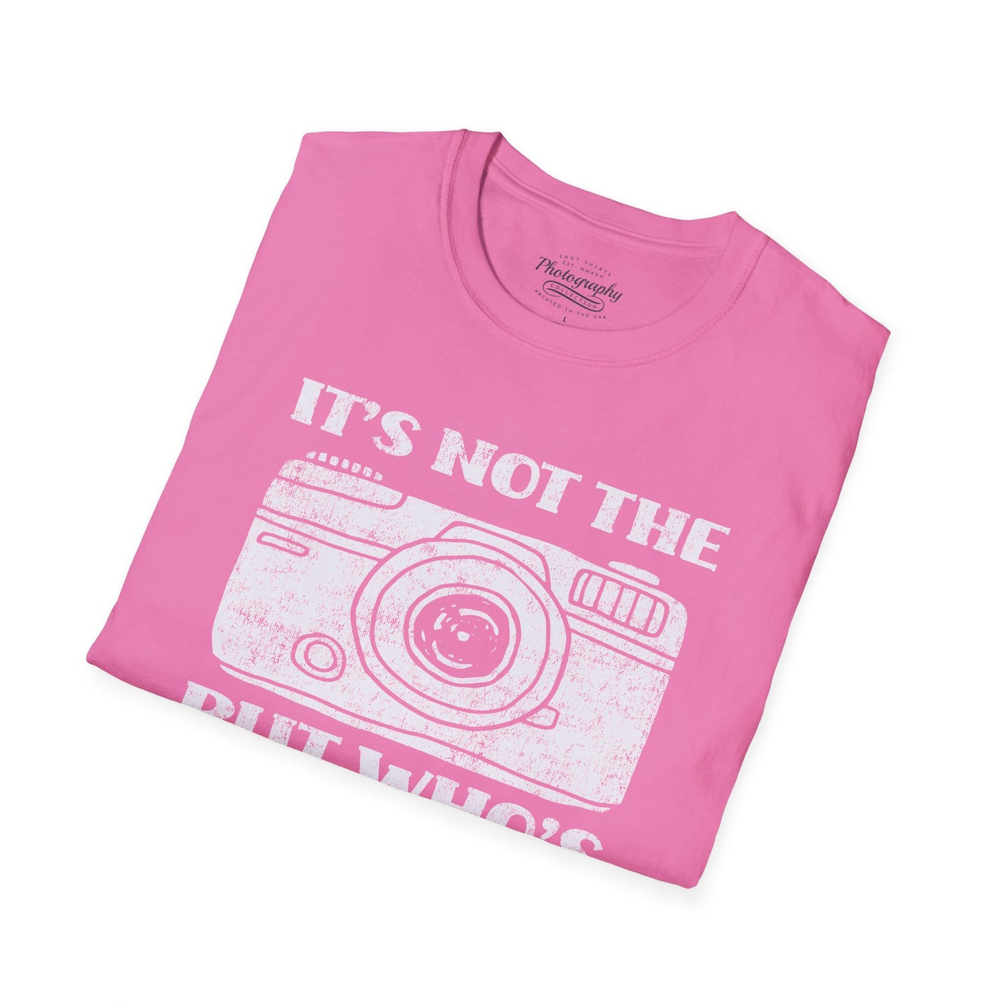 Pink t-shirt with a camera graphic and text on a white background