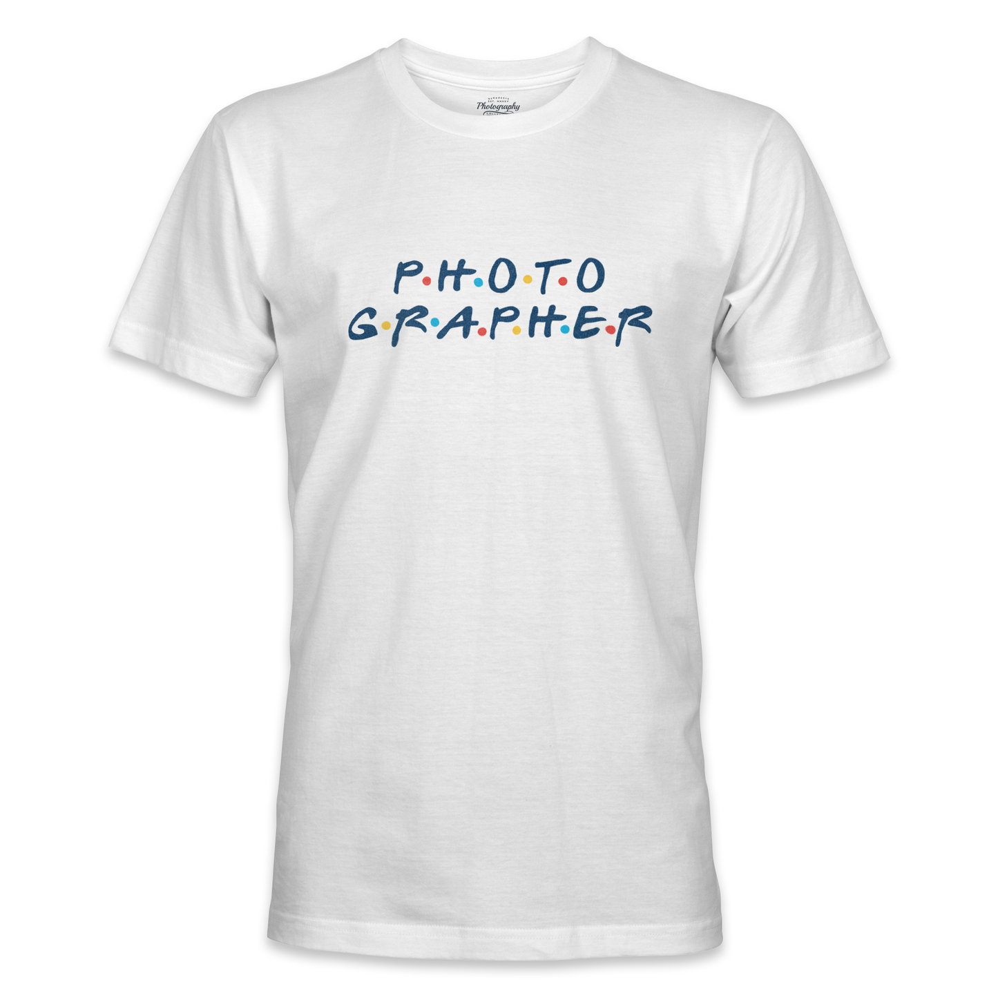 White t-shirt with 'PHOTOGRAPHER' text in colorful letters on a white background