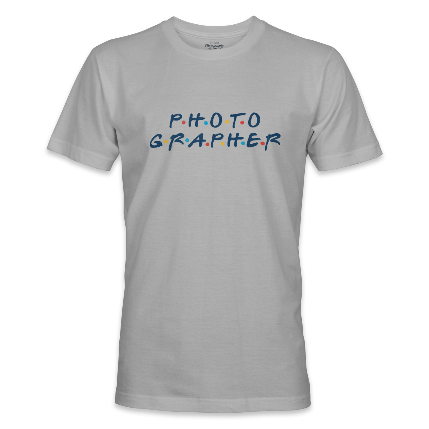 Gray t-shirt with 'PHOTOGRAPHER' text in colorful letters on a white background