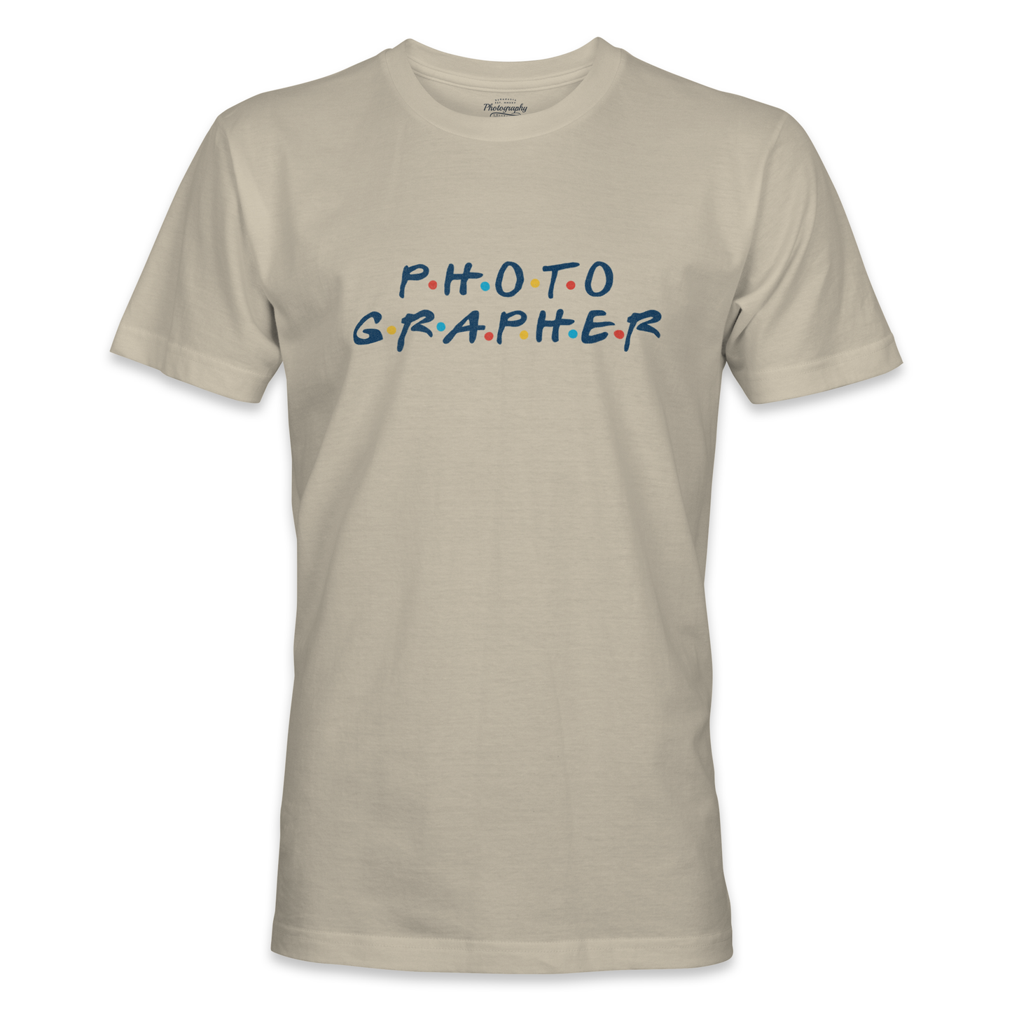 Beige t-shirt with 'PHOTOGRAPHER' text in colorful letters on a white background