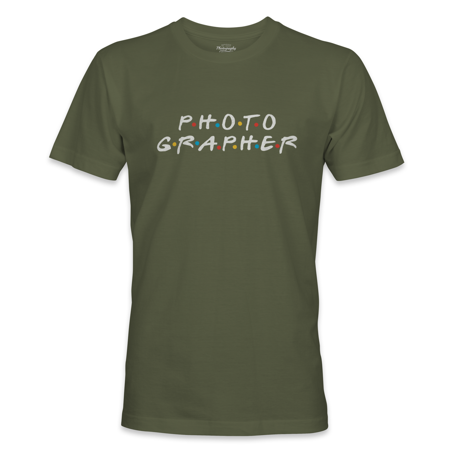Green t-shirt with 'PHOTOGRAPHER' text on a white background