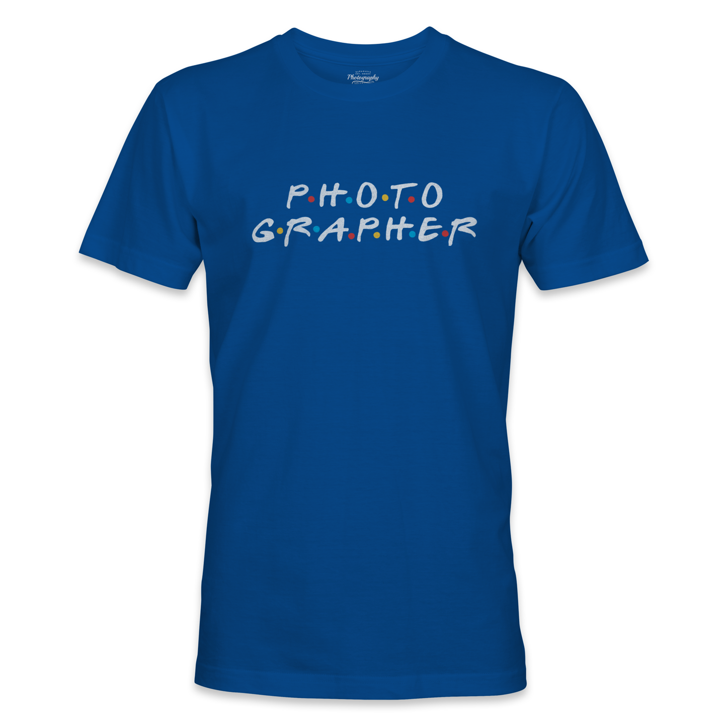 Royal Blue t-shirt with 'PHOTOGRAPHER' text on a white background