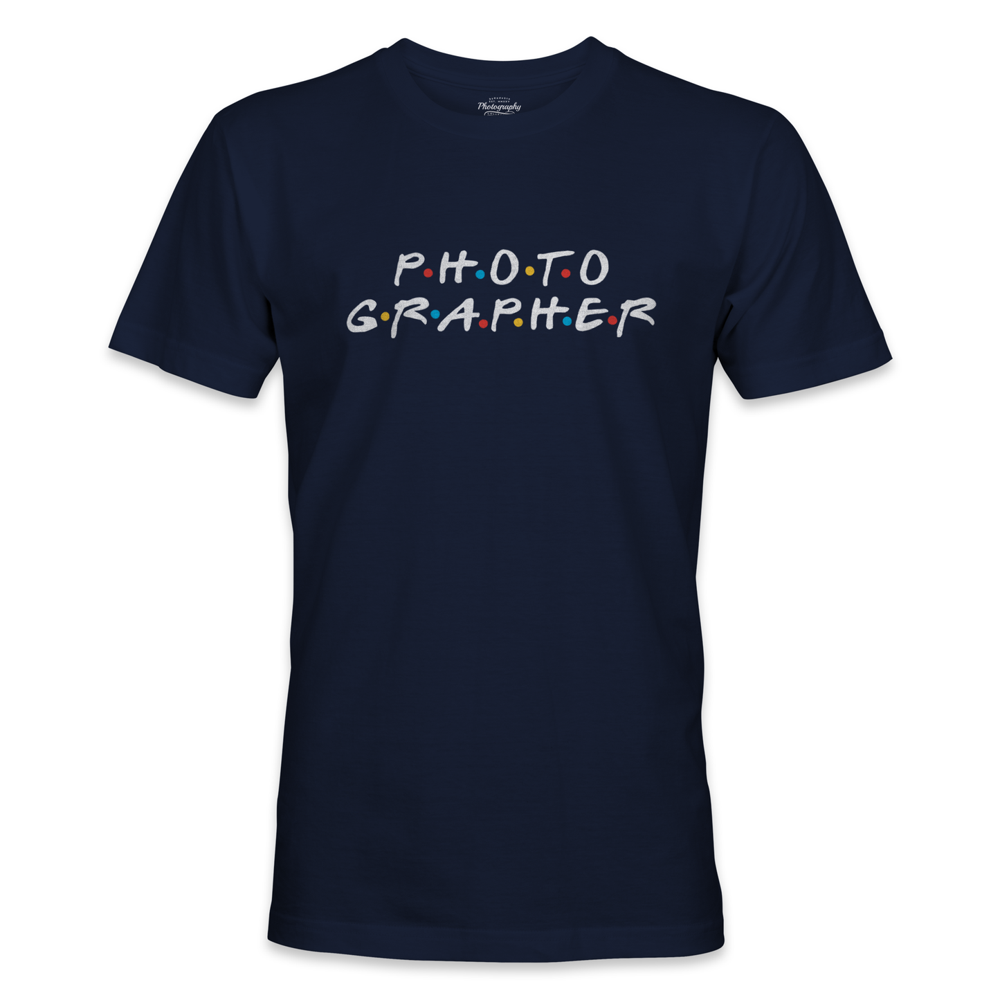 Navy blue t-shirt with 'PHOTOGRAPHER' text in colorful letters on a white background