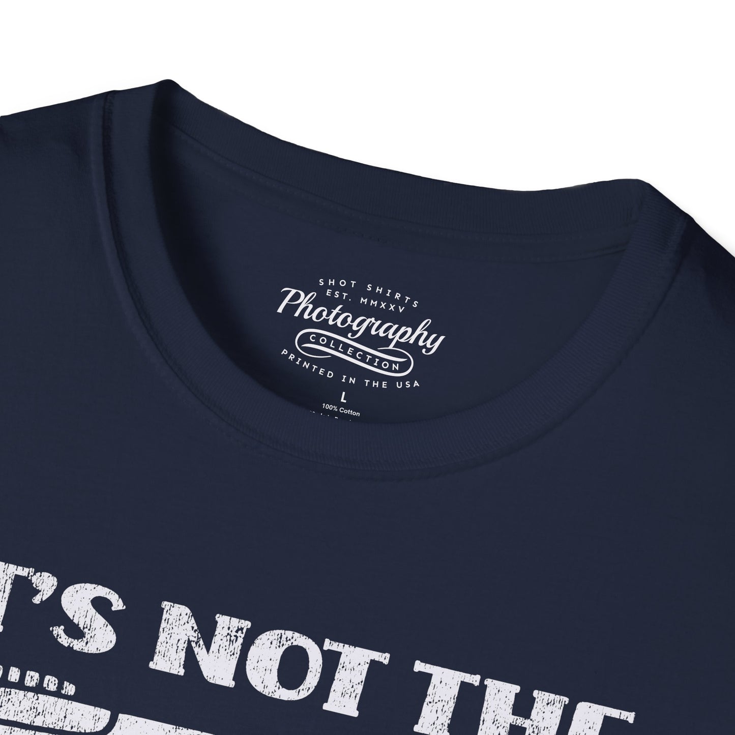 Navy blue t-shirt with white text and a brand logo on a white background