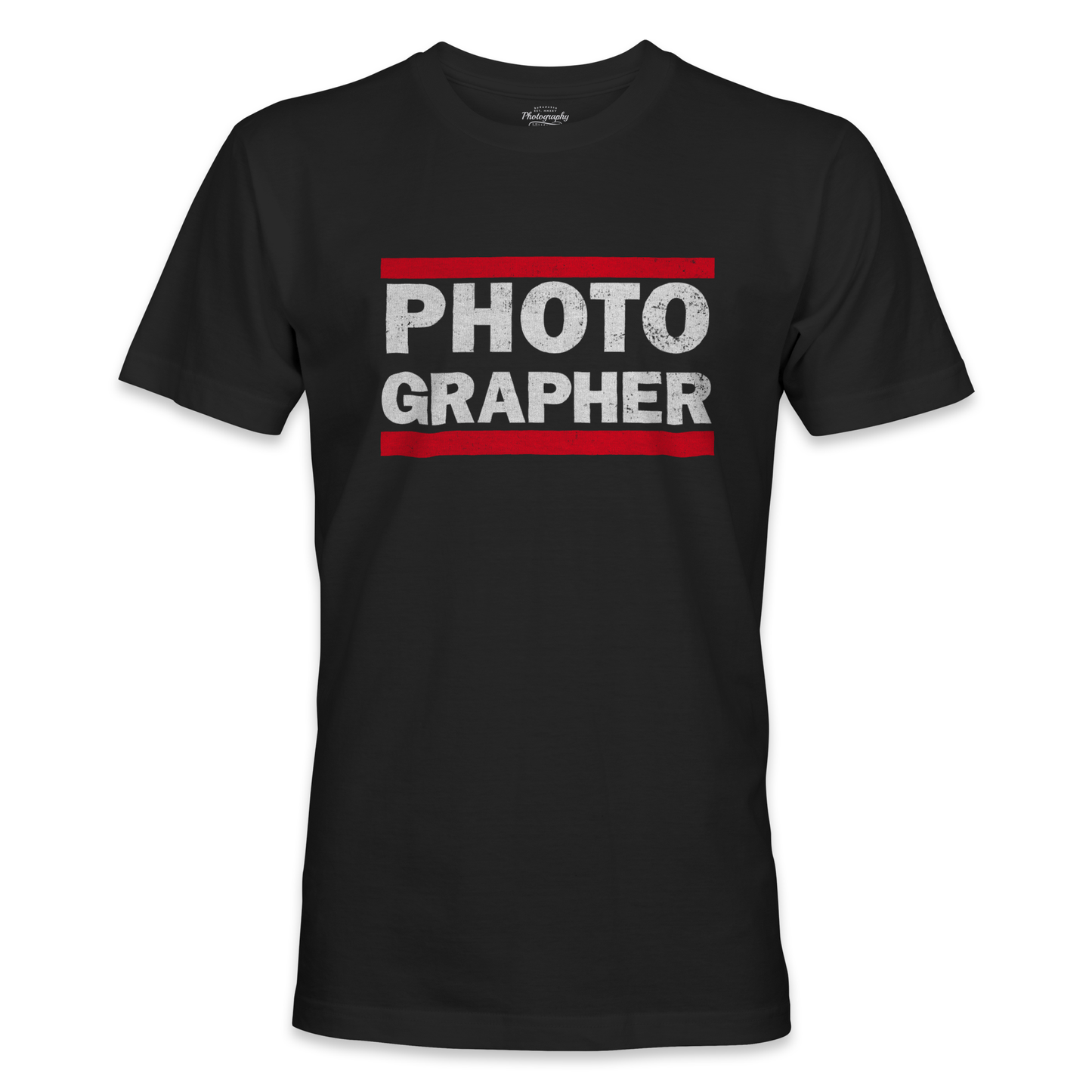 Black t-shirt with 'PHOTOGRAPHER' text in white and red on a white background