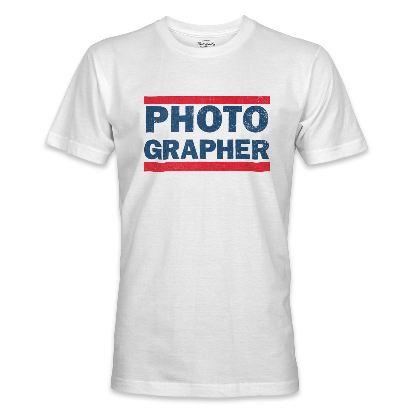 White t-shirt with 'PHOTOGRAPHER' text in red and blue on a white background