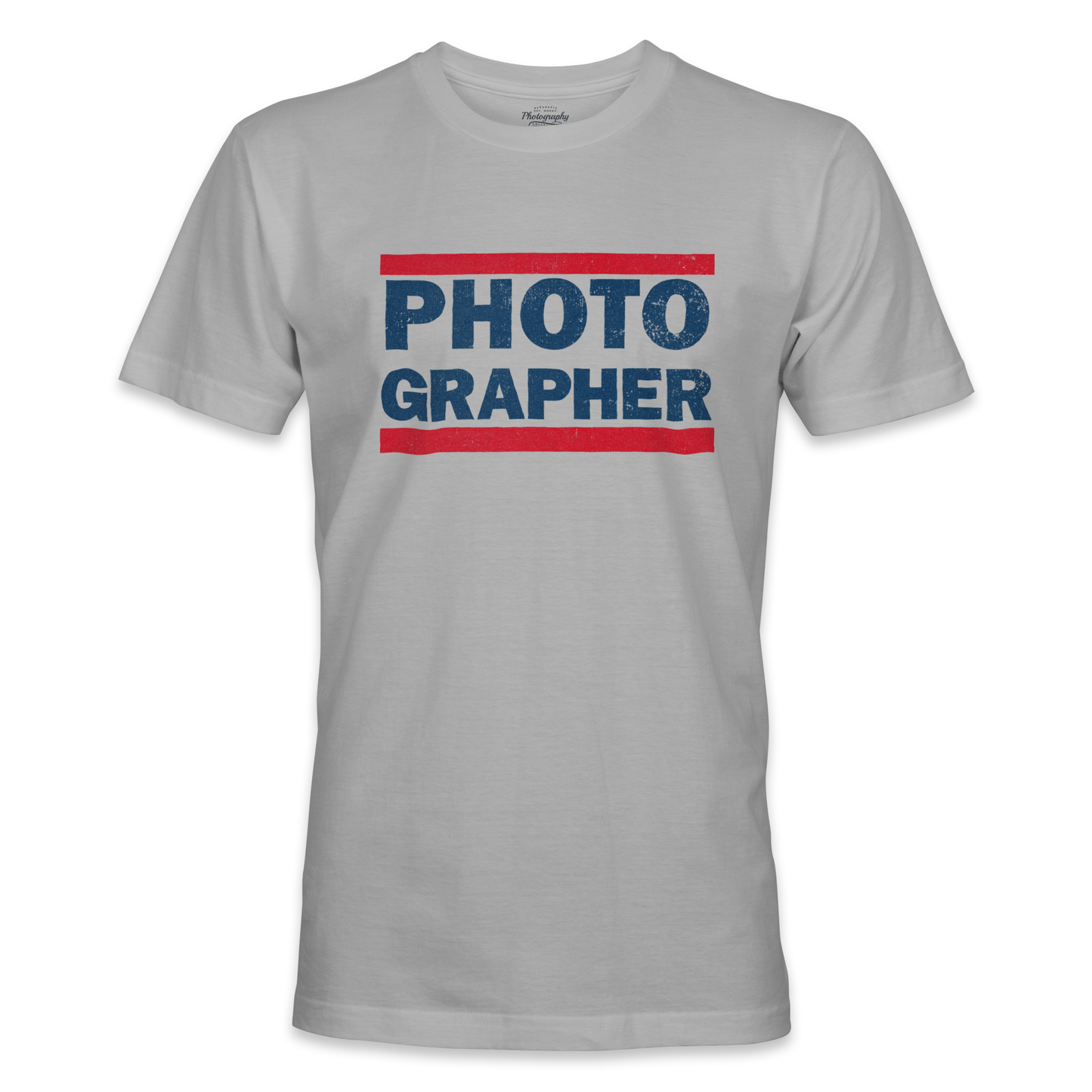 Sport Gray t-shirt with 'PHOTOGRAPHER' text in blue and red on a white background