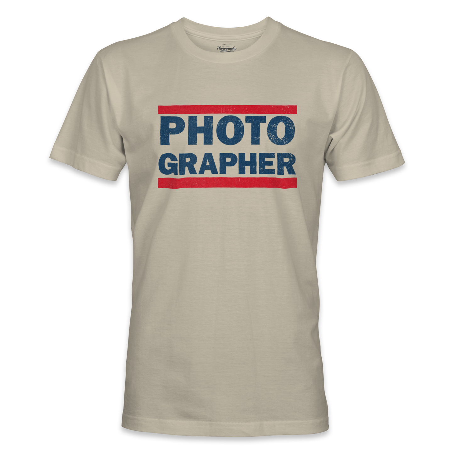 Sand t-shirt with 'PHOTOGRAPHER' text in blue and red on a white background