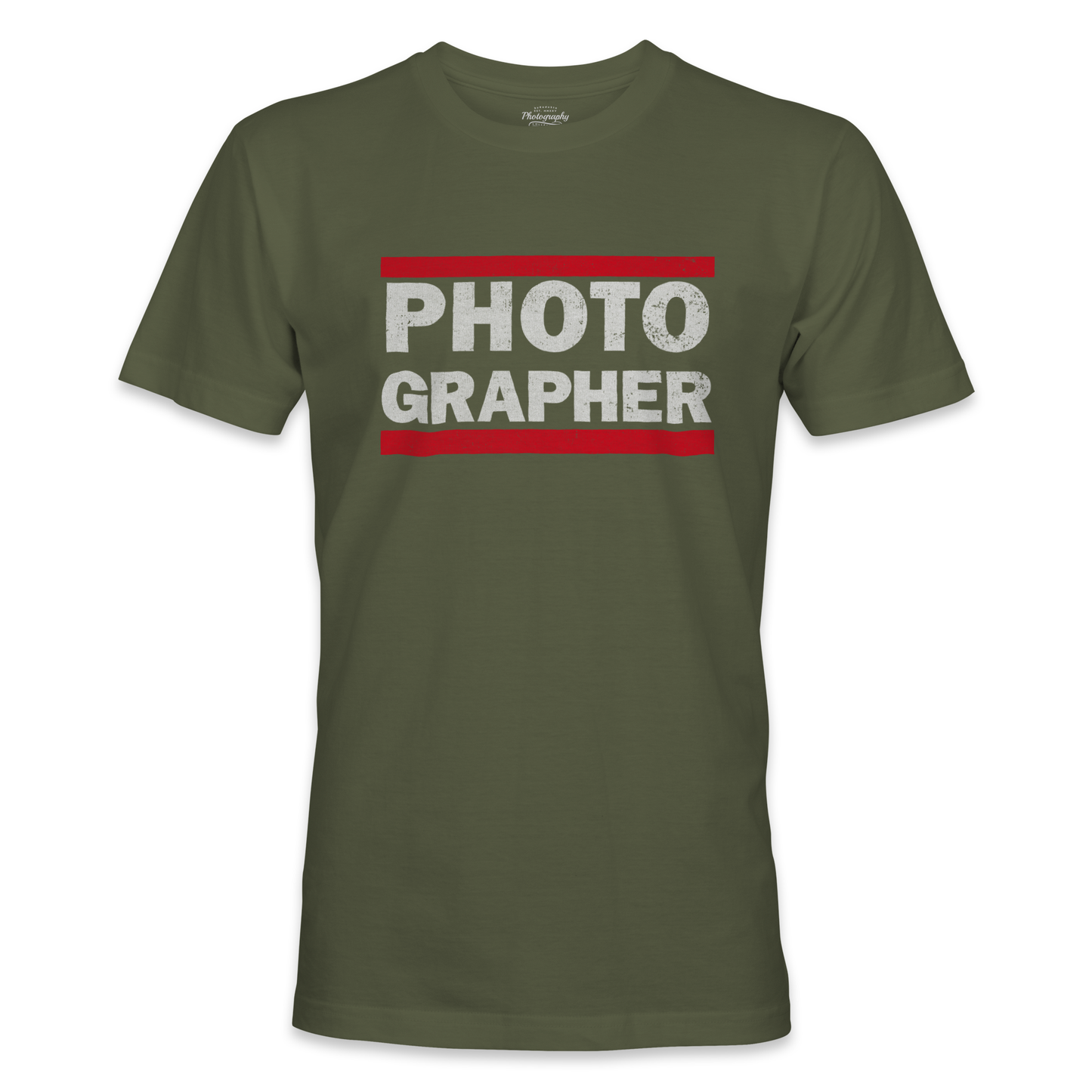 Military Green t-shirt with 'PHOTOGRAPHER' text in white and red on a white background