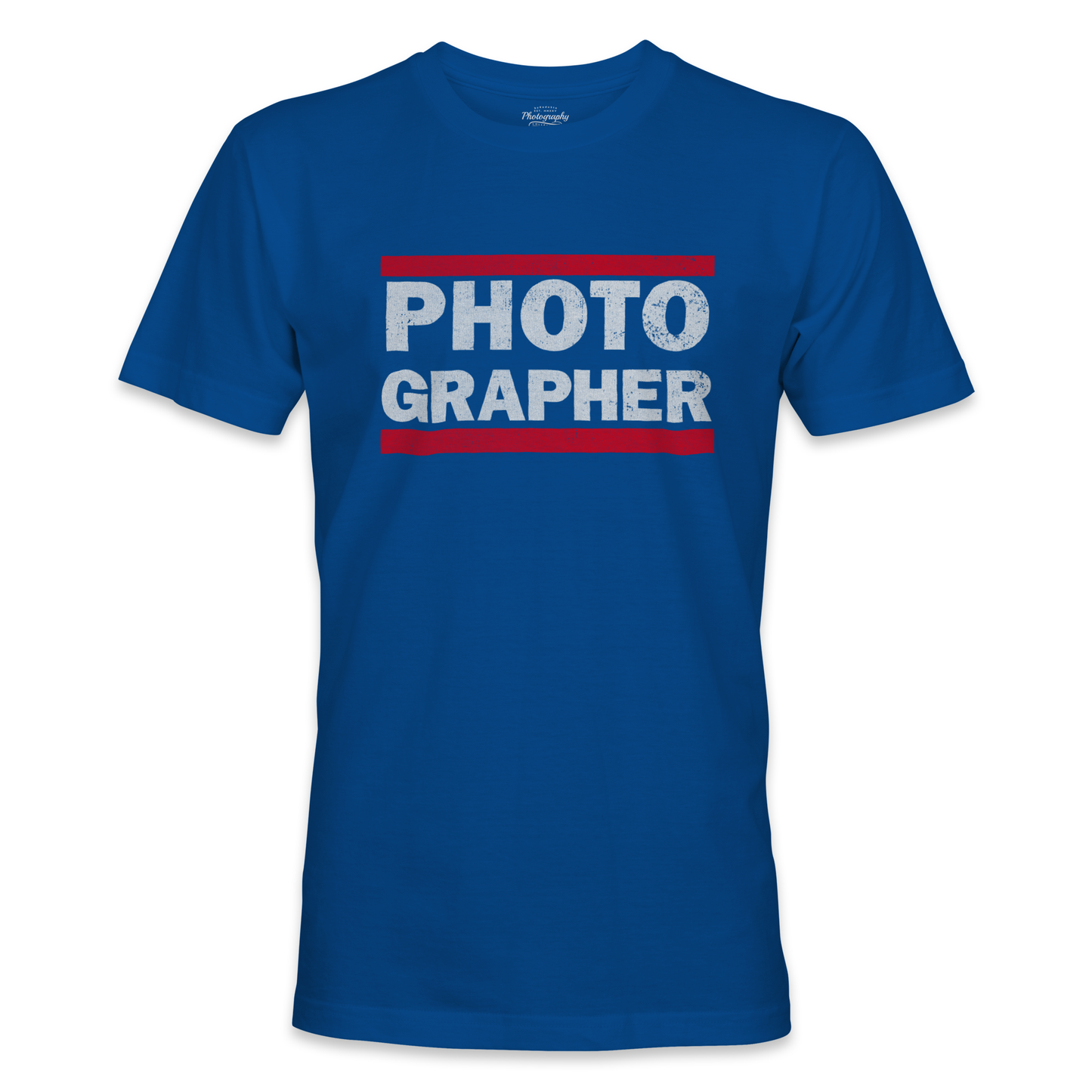 Royal Blue t-shirt with 'PHOTOGRAPHER' text in white and red on a white background