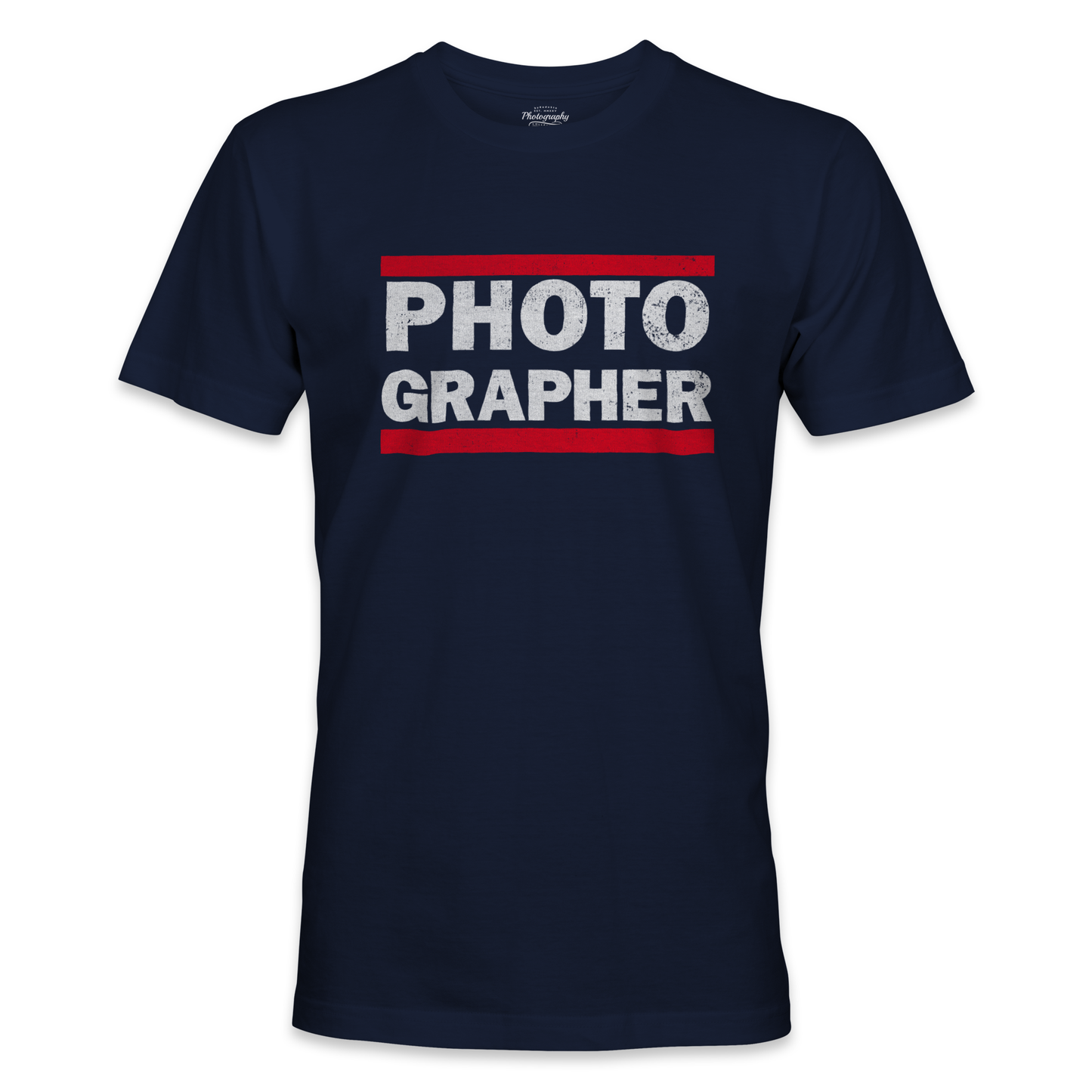 Navy blue t-shirt with 'PHOTOGRAPHER' text in white and red on a white background