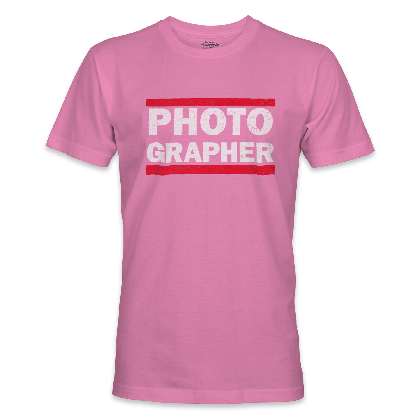 Azalea t-shirt with 'PHOTOGRAPHER' text in red and white on a white background
