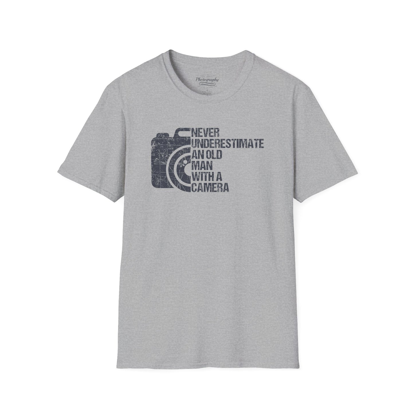 Gray t-shirt with camera graphic and text on a white background