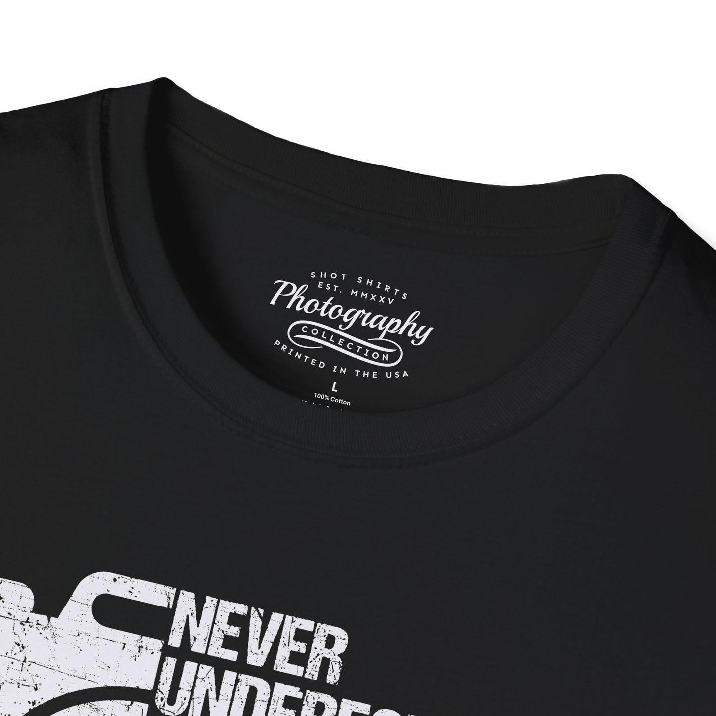 Black t-shirt with white text and branding on a white background