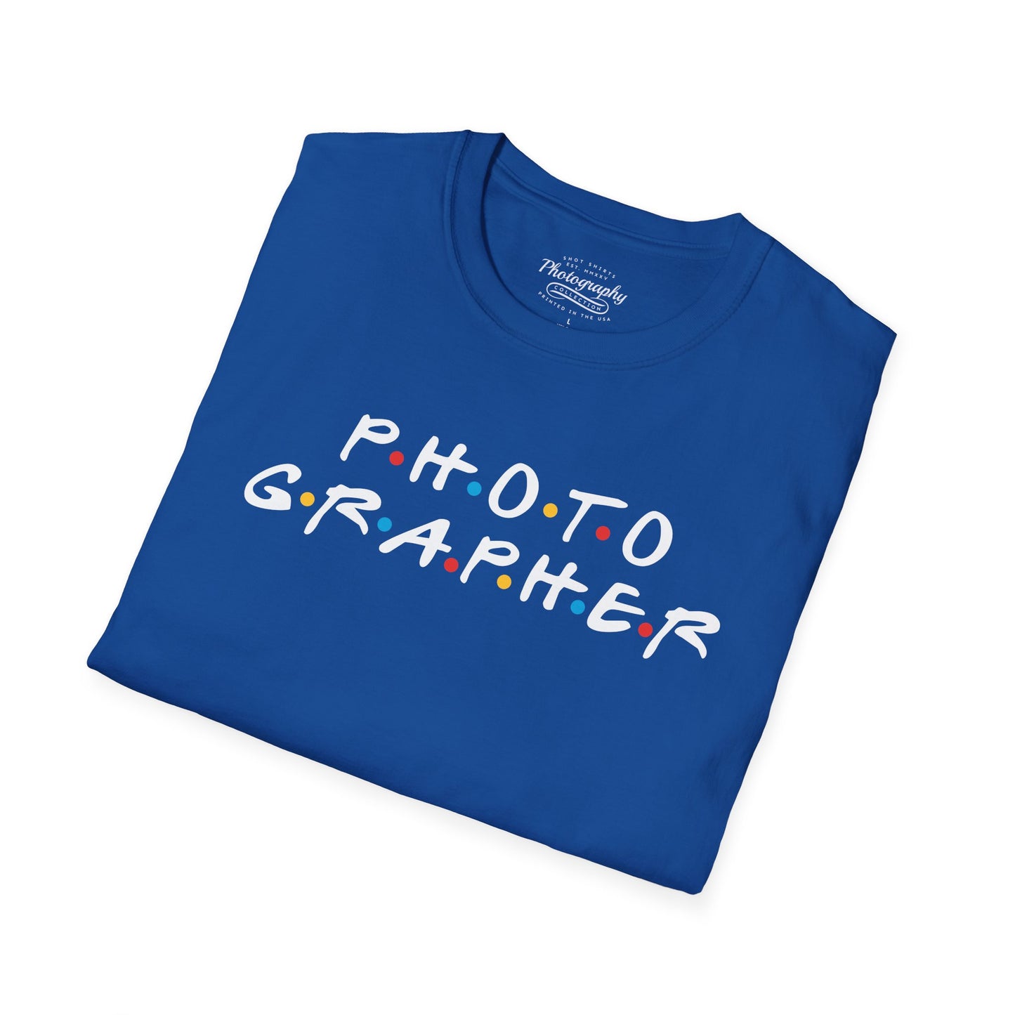 Blue t-shirt with 'PHOTOGRAPHER' text on a white background