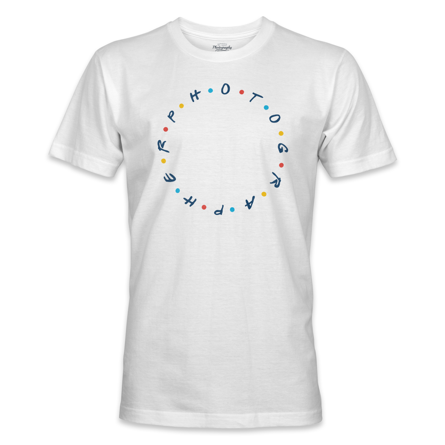 White t-shirt with colorful text design on a white background