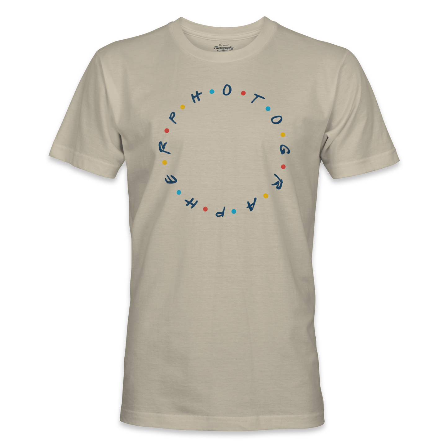 Sand t-shirt with colorful text design on a white background