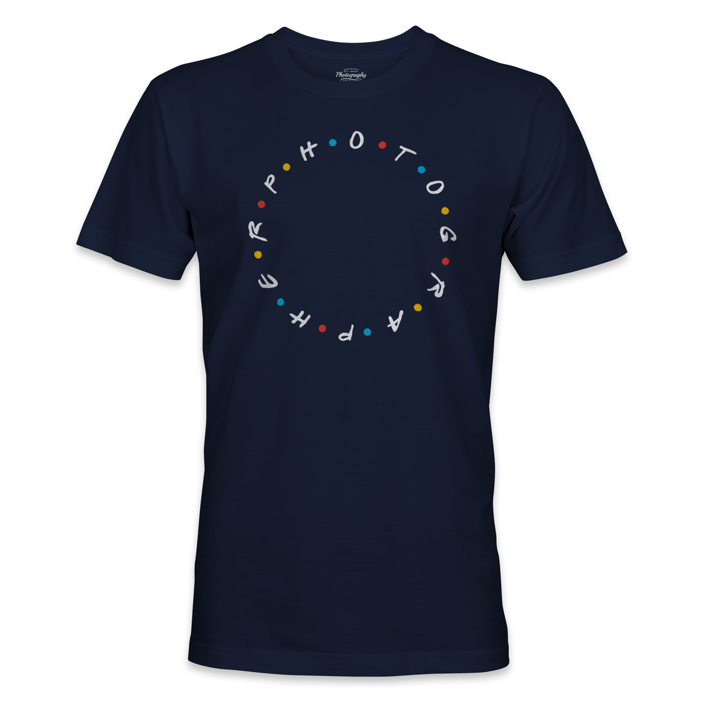 Navy blue t-shirt with colorful photography-themed design on a white background