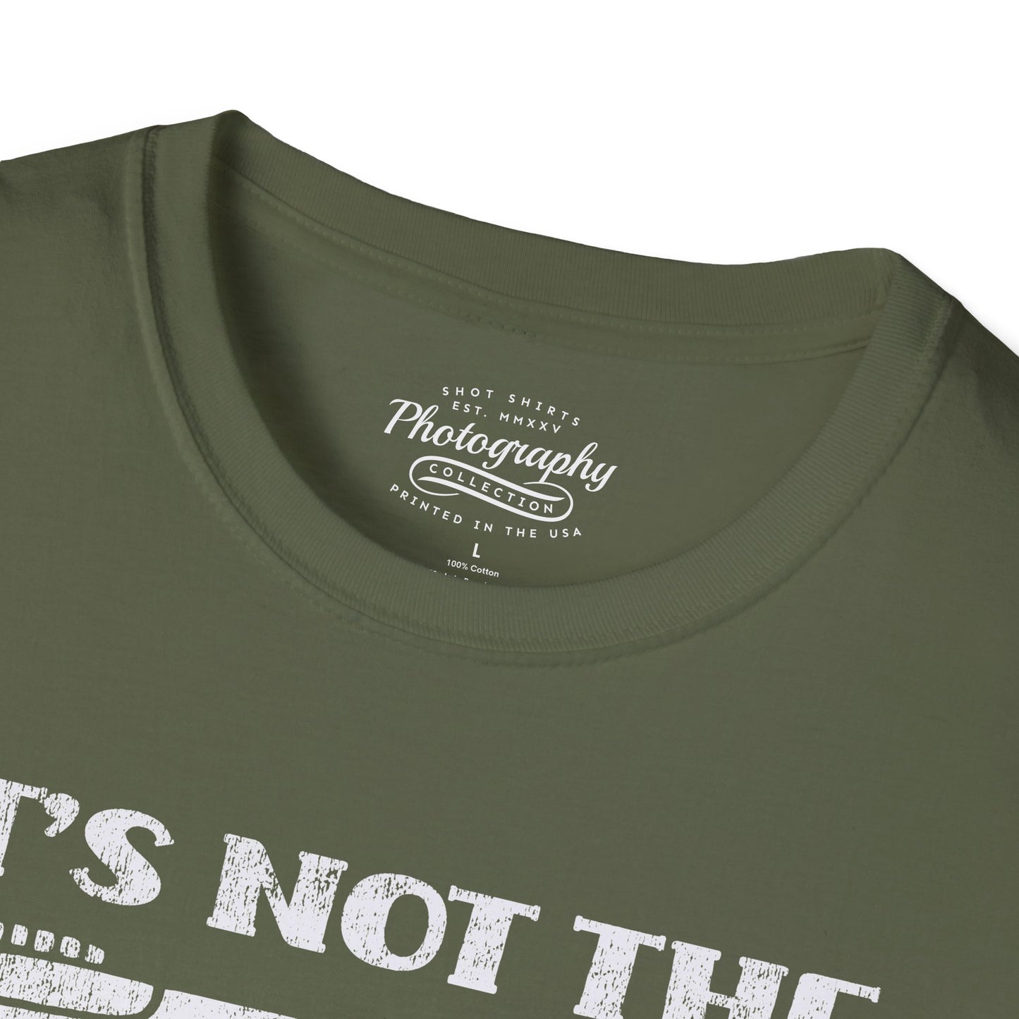 Green t-shirt with white text and a logo on a white background