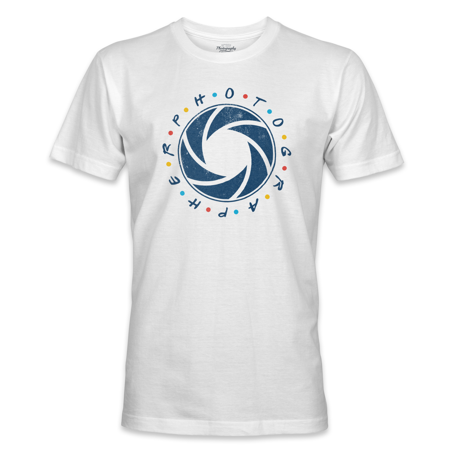 White t-shirt with a blue camera lens graphic and colorful text on a white background