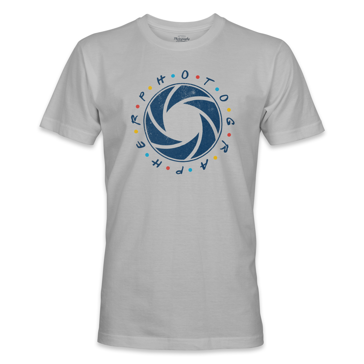 Sport Gray t-shirt with a blue camera lens graphic and colorful text on a white background