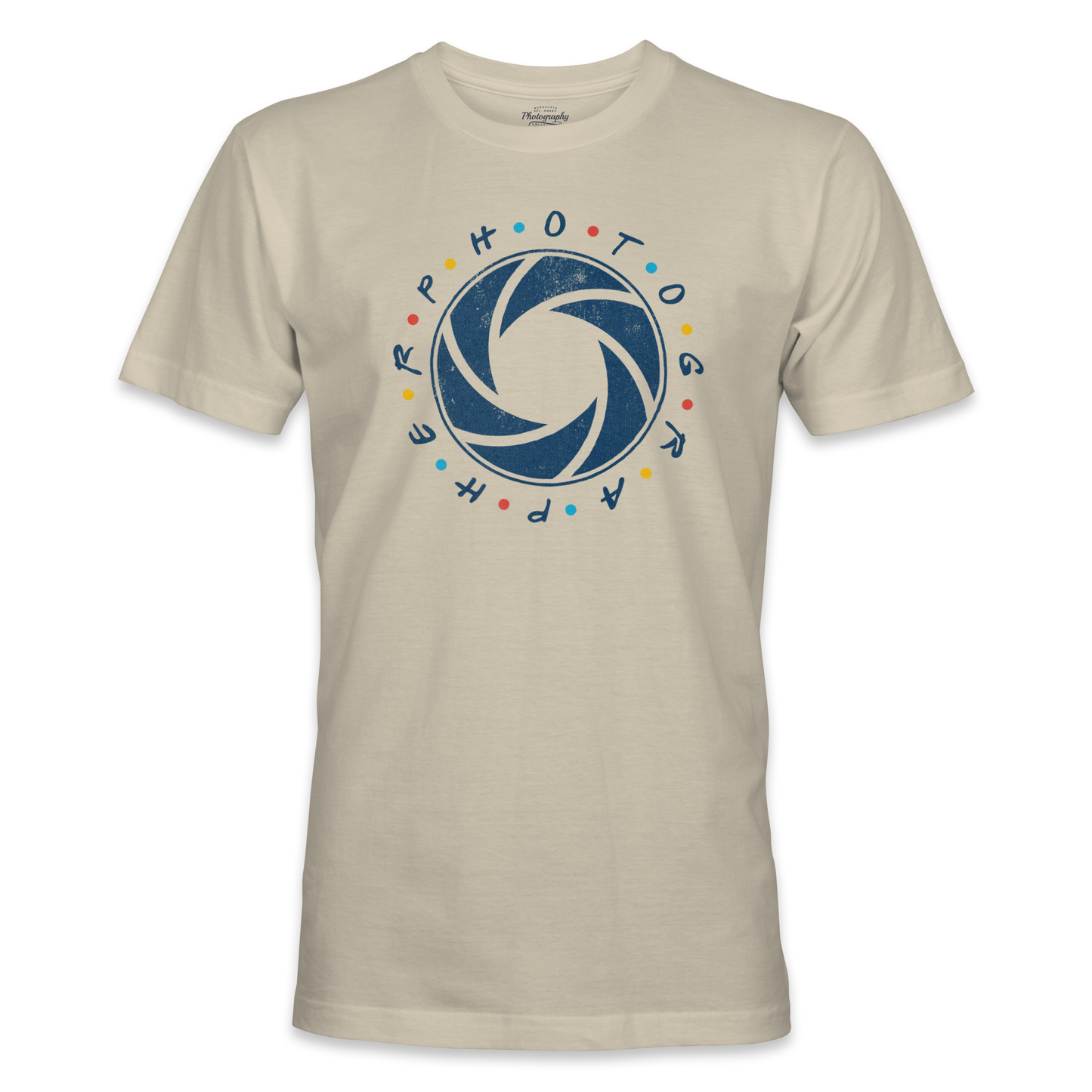 Sand t-shirt with a blue camera lens graphic and multicolor text on a white background