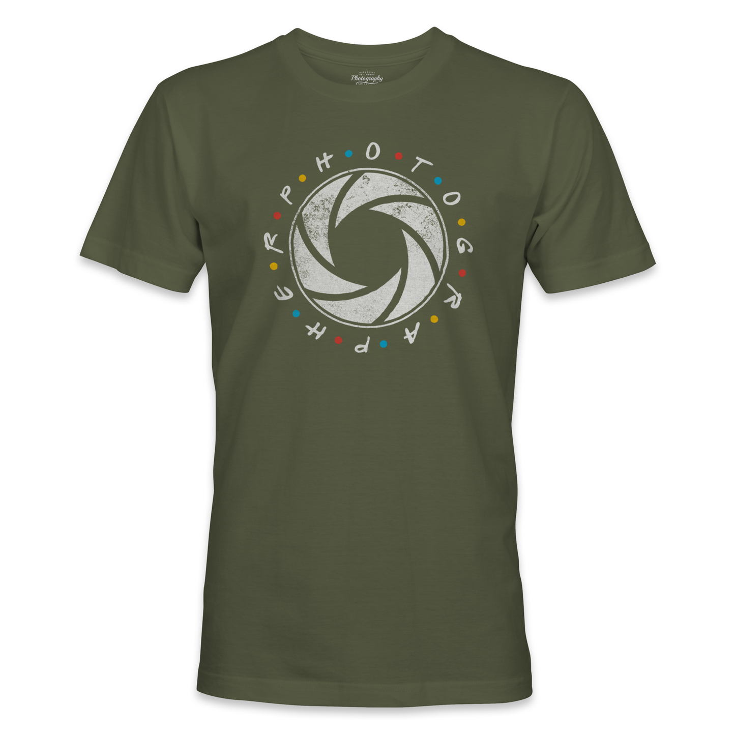 Military Green t-shirt with a camera lens graphic and text on a white background