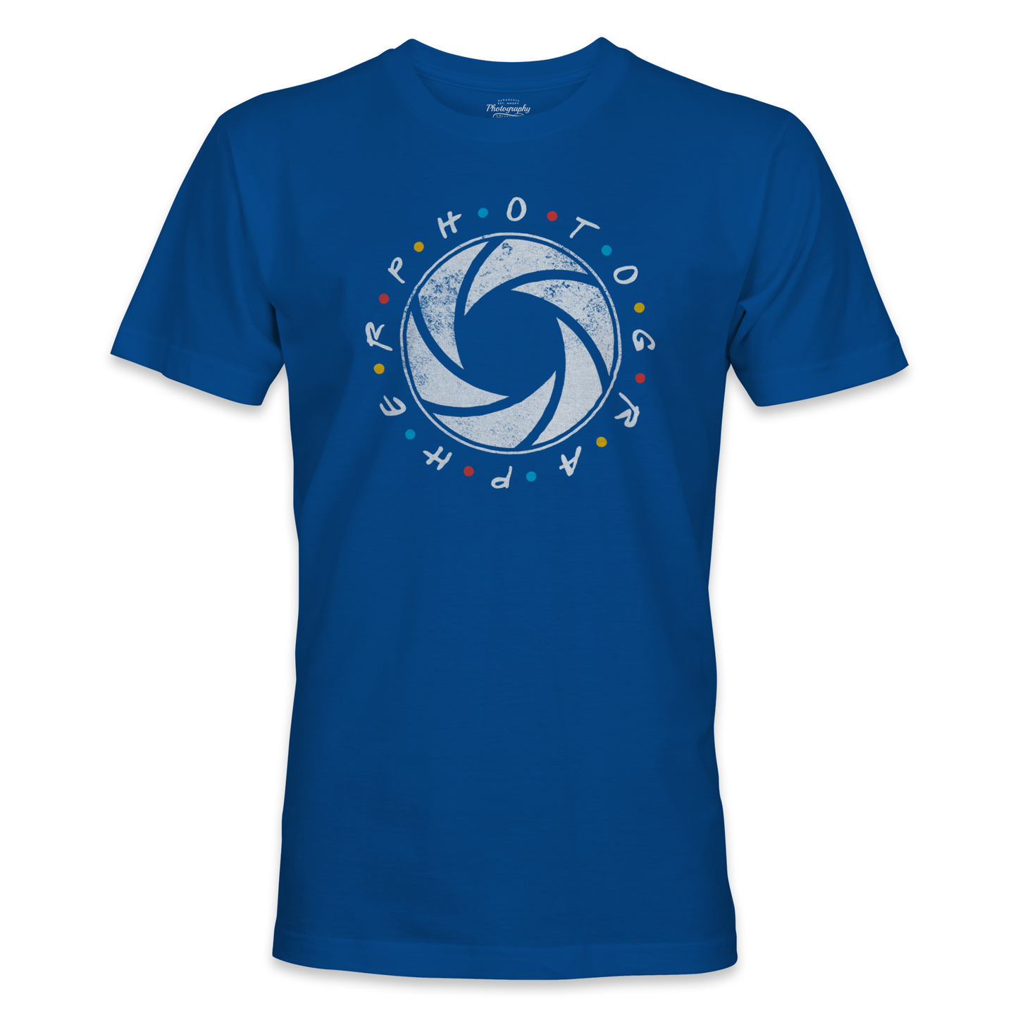 Royal Blue t-shirt with a circular graphic design and multicolored text on a white background