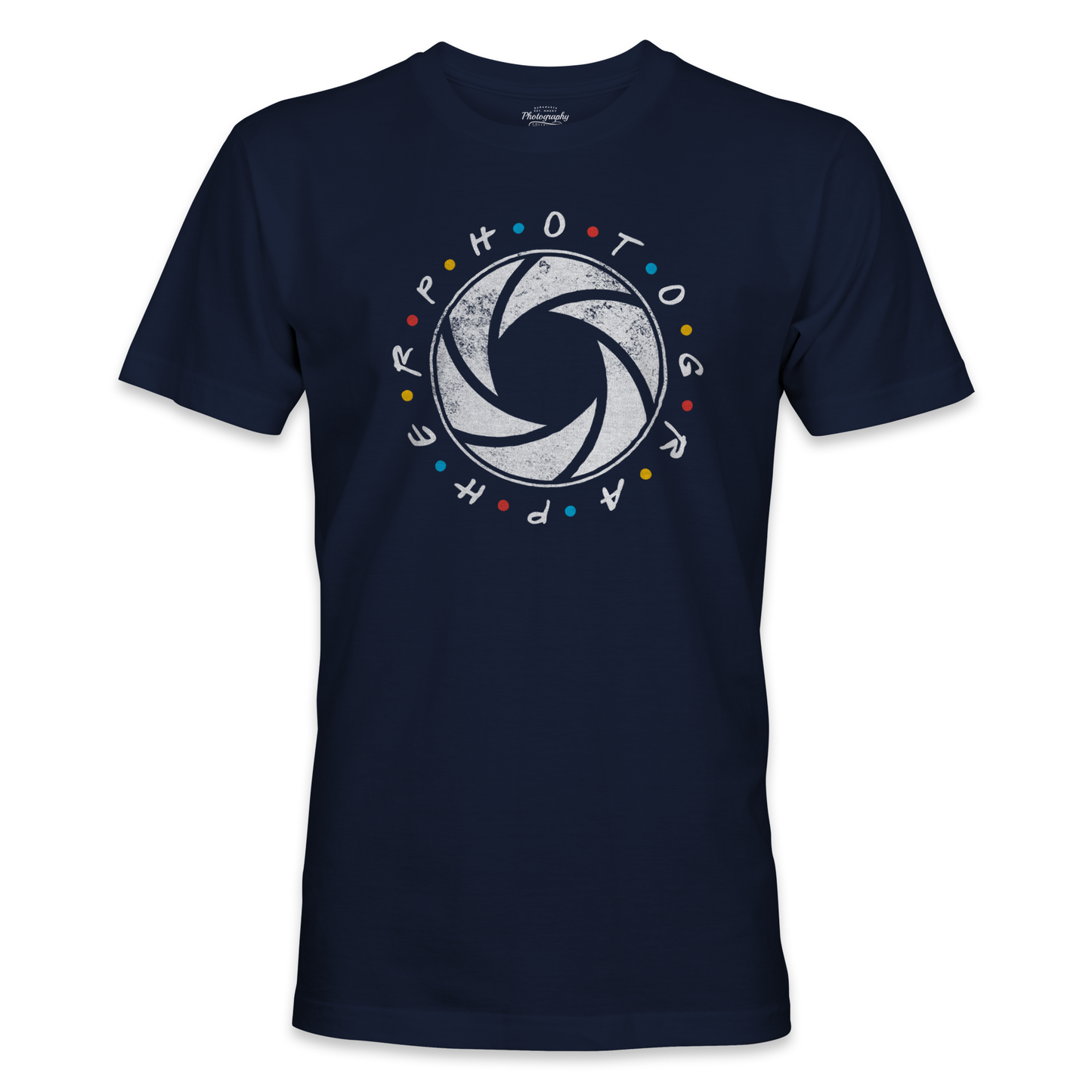 Navy blue t-shirt with a camera lens graphic and multicolored text on a white background