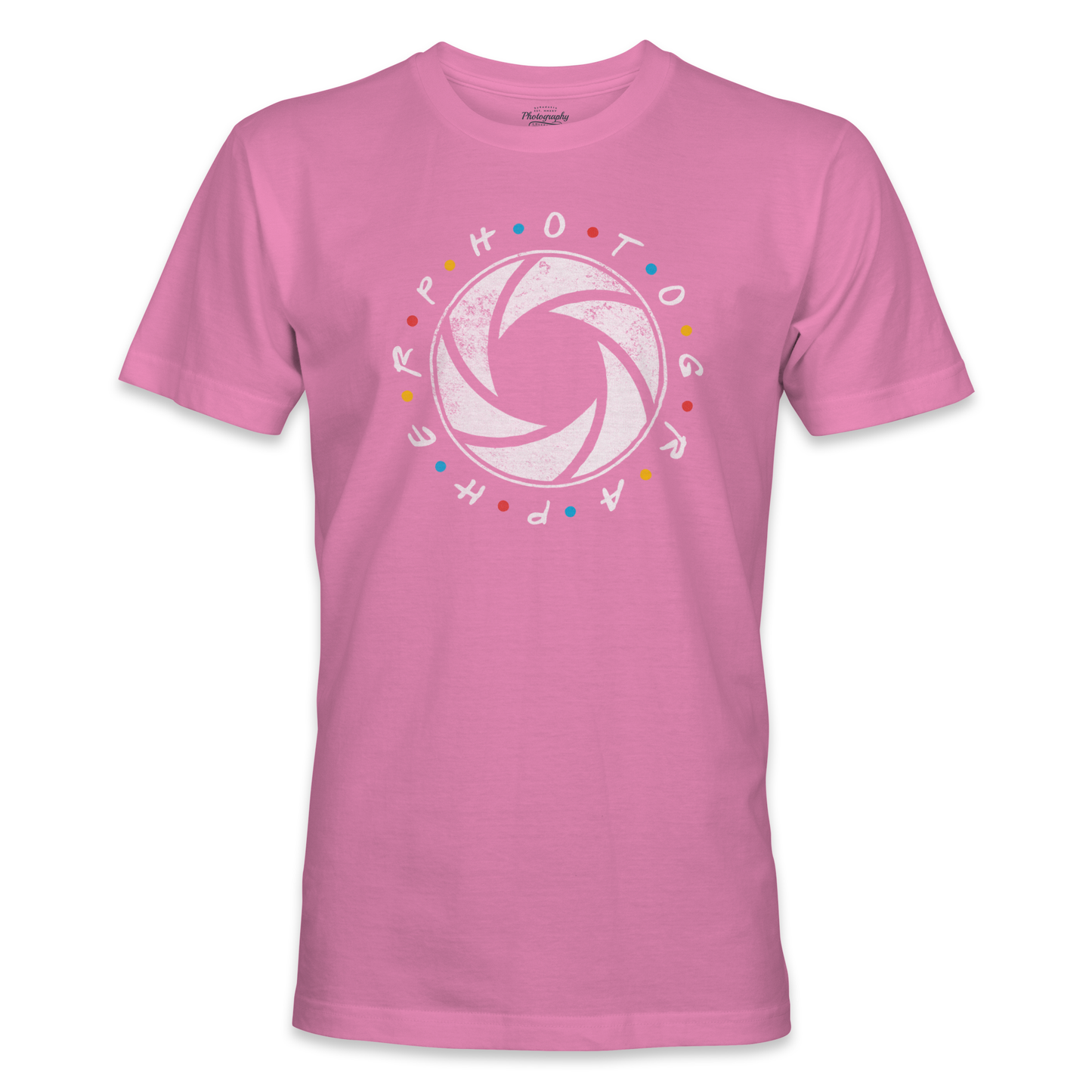 Azalea t-shirt with a white camera lens graphic and text on a white background