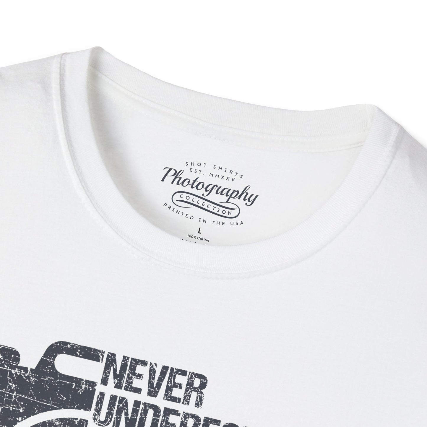 White t-shirt with black text and graphics on a white background
