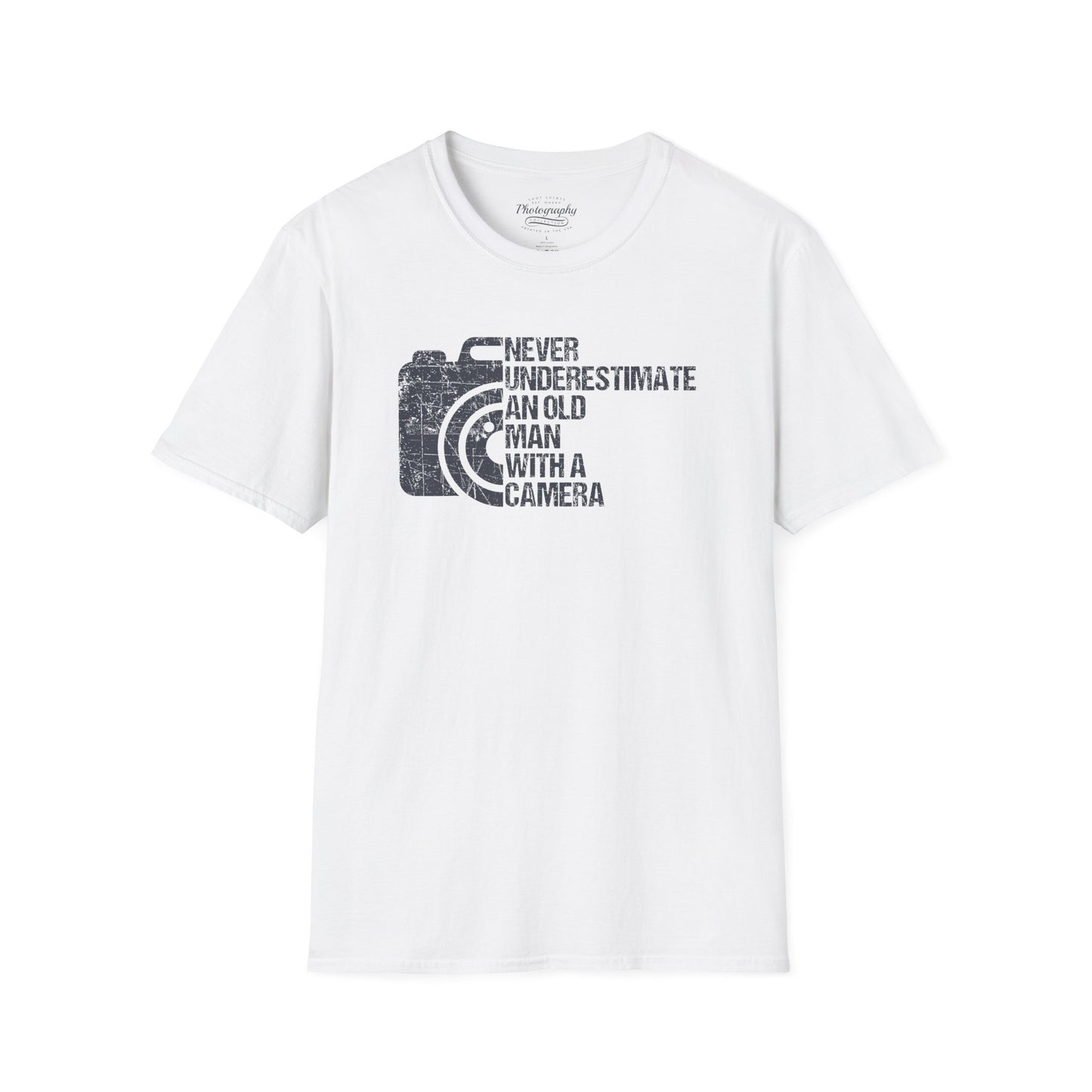 White t-shirt with black graphic and text on a white background