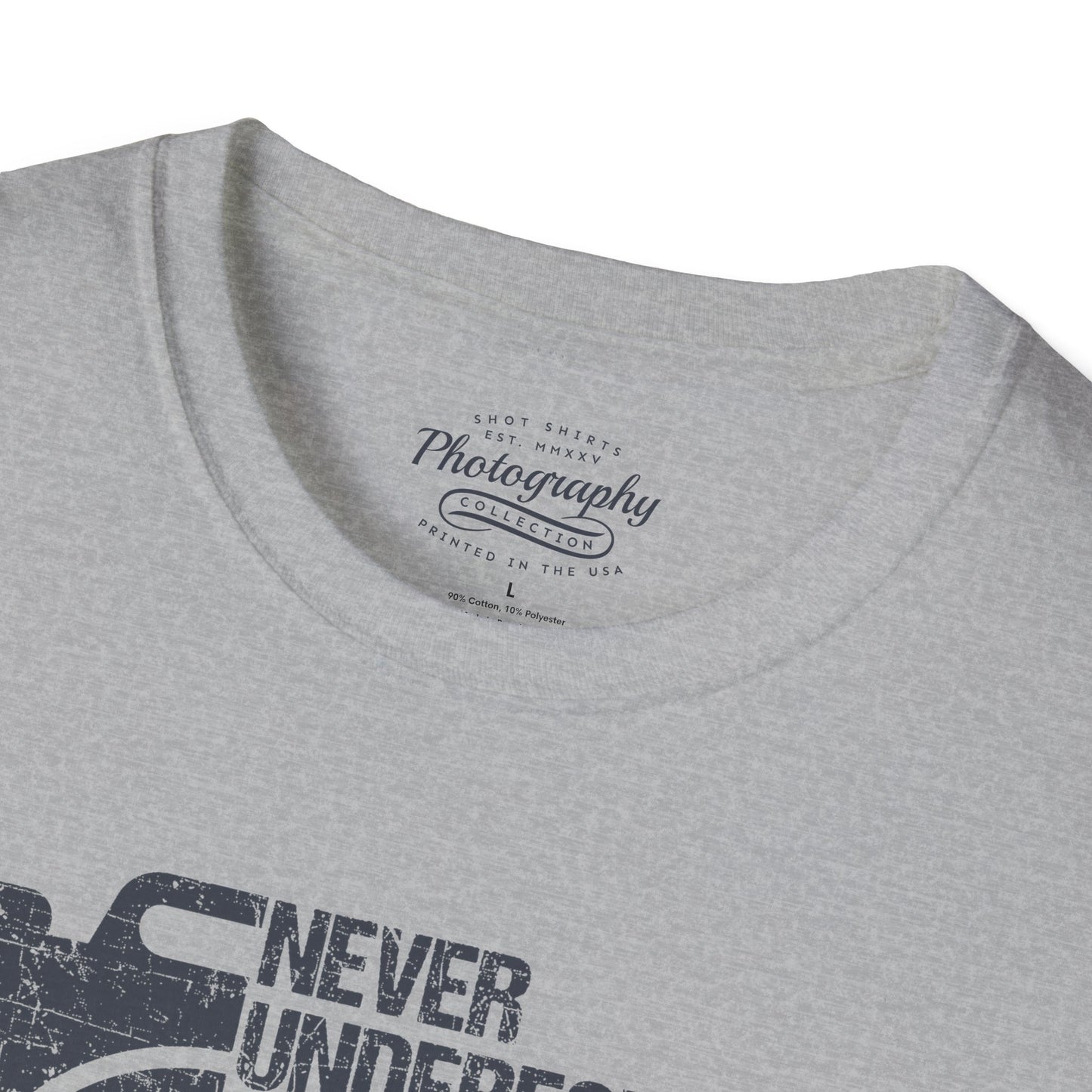 Gray t-shirt with text and logo on a white background