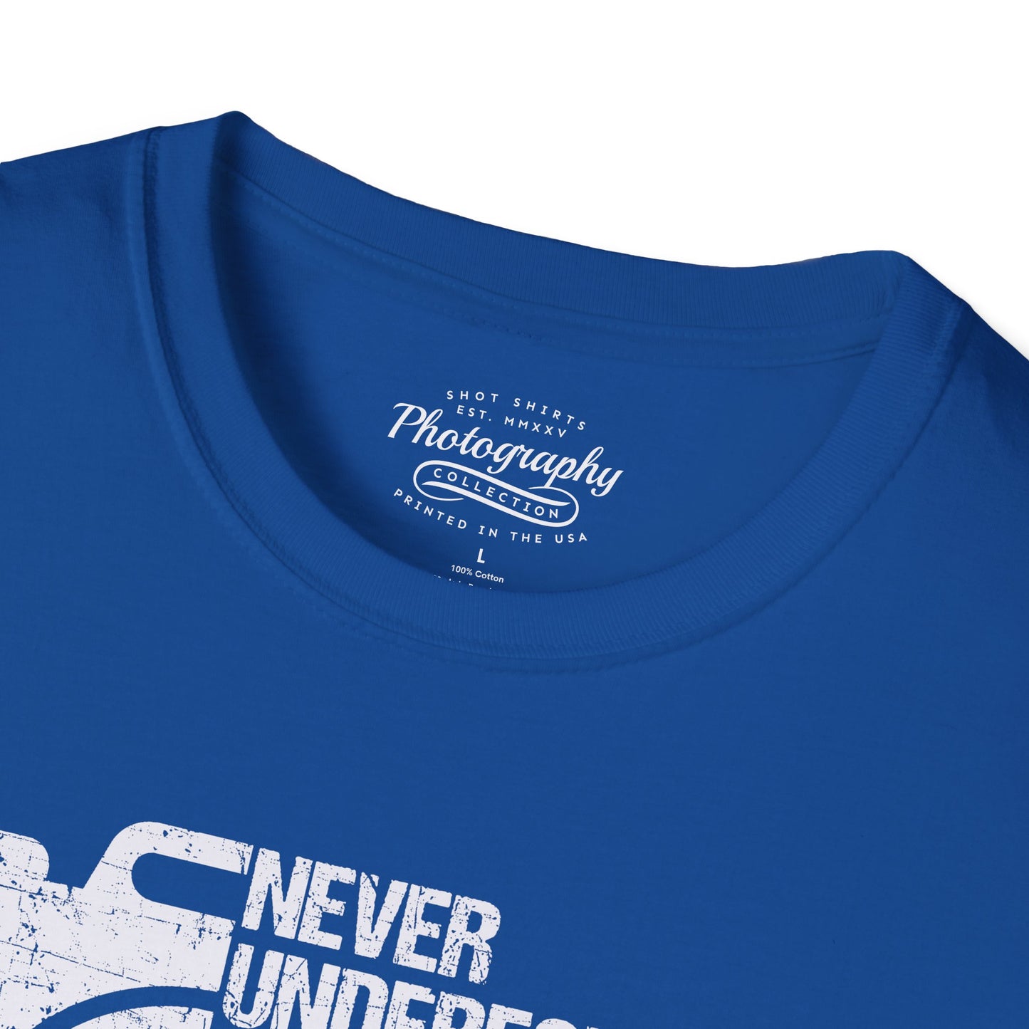 Blue t-shirt with white text and graphics on a white background
