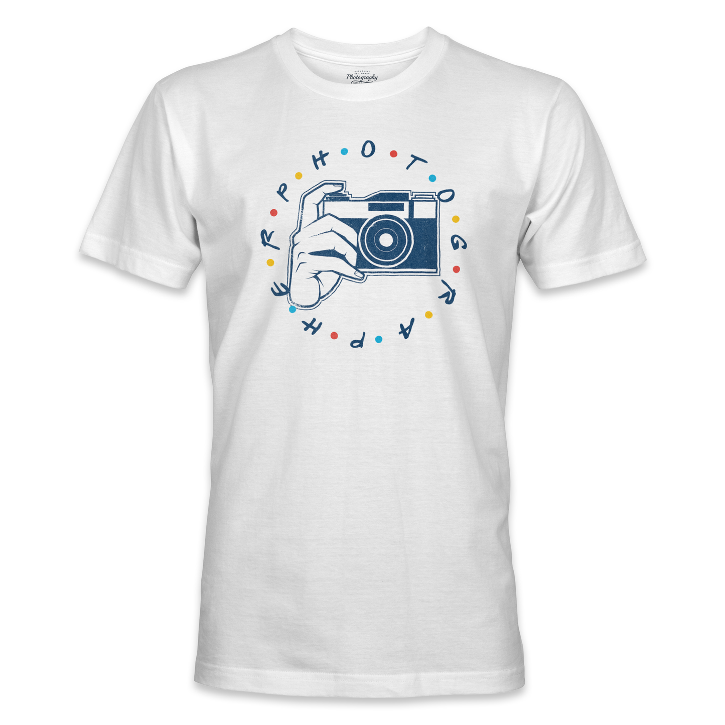 White t-shirt with a graphic design of a hand holding a camera and colorful text on a white background