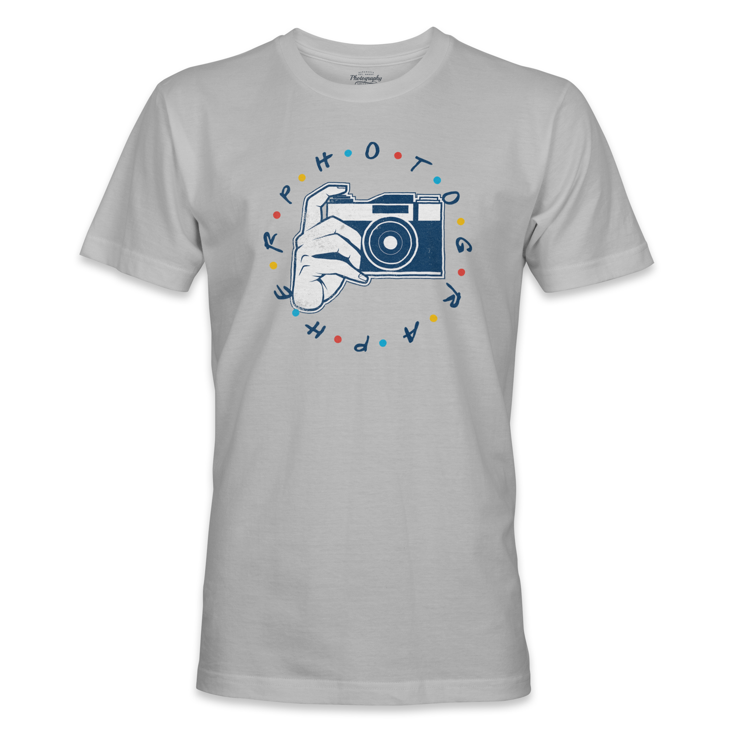 Sport Gray t-shirt with a graphic of a hand holding a camera and colorful text on a white background