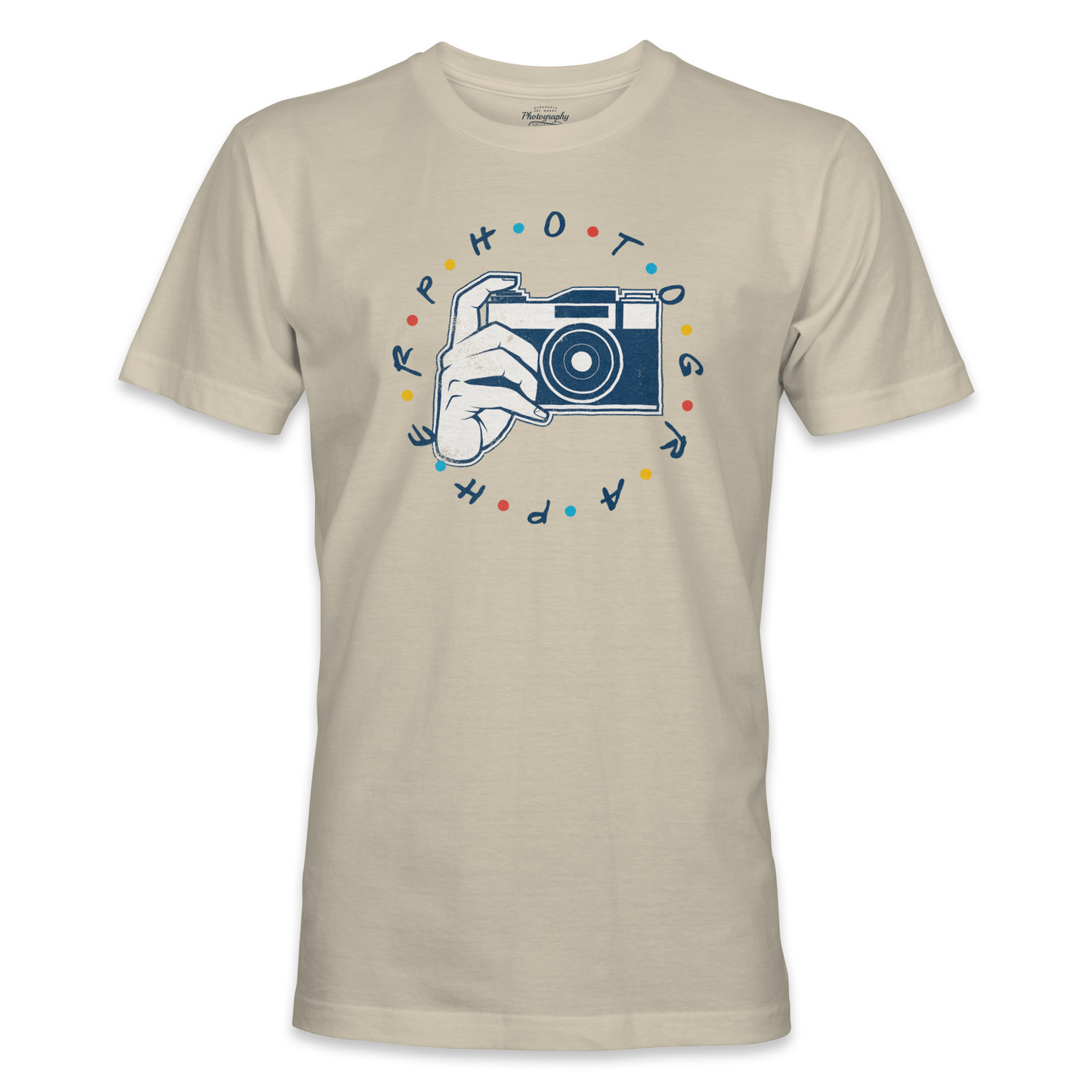 Sand t-shirt with a graphic of a hand holding a camera and colorful text on a white background