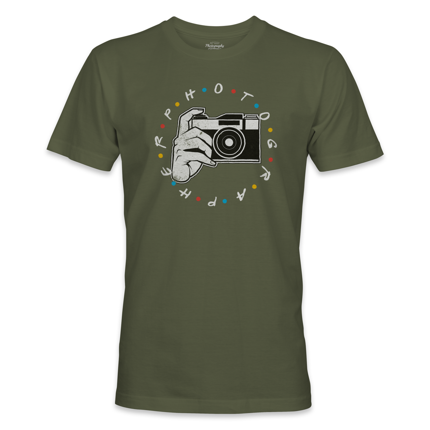 Military Green t-shirt with a graphic of a hand holding a camera and the text 'PHOTOGRAPHY' on a white background