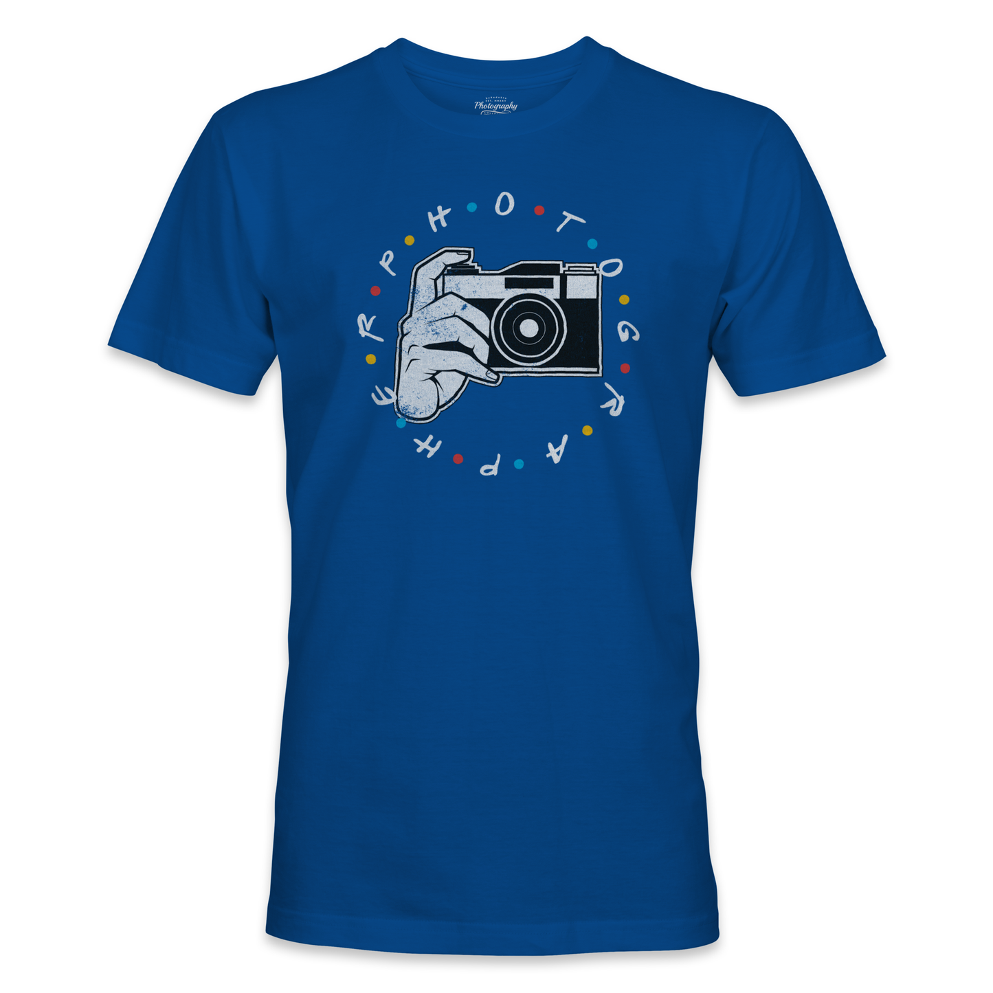 Royal blue t-shirt with a graphic of a hand holding a camera and the word 'Photography' on a white background