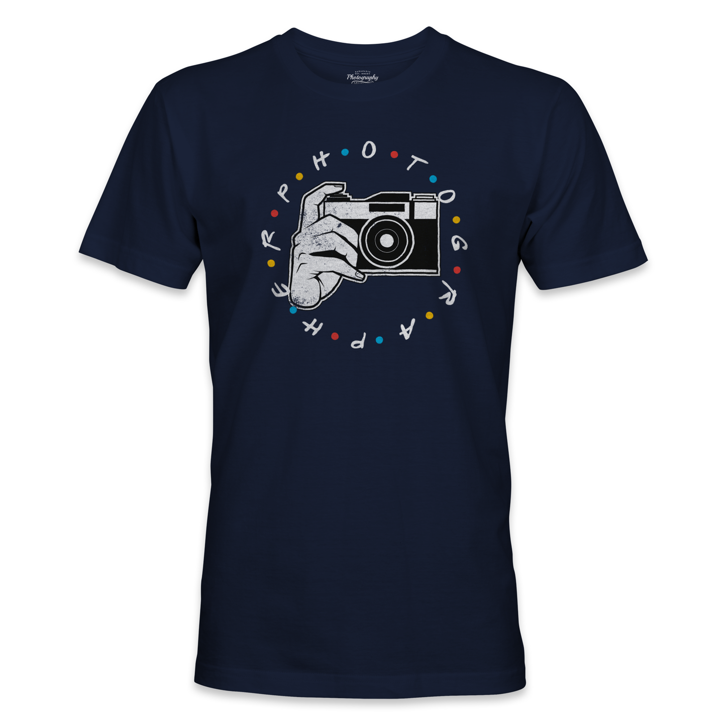 Navy blue t-shirt with a graphic of a hand holding a camera and colorful text on a white background