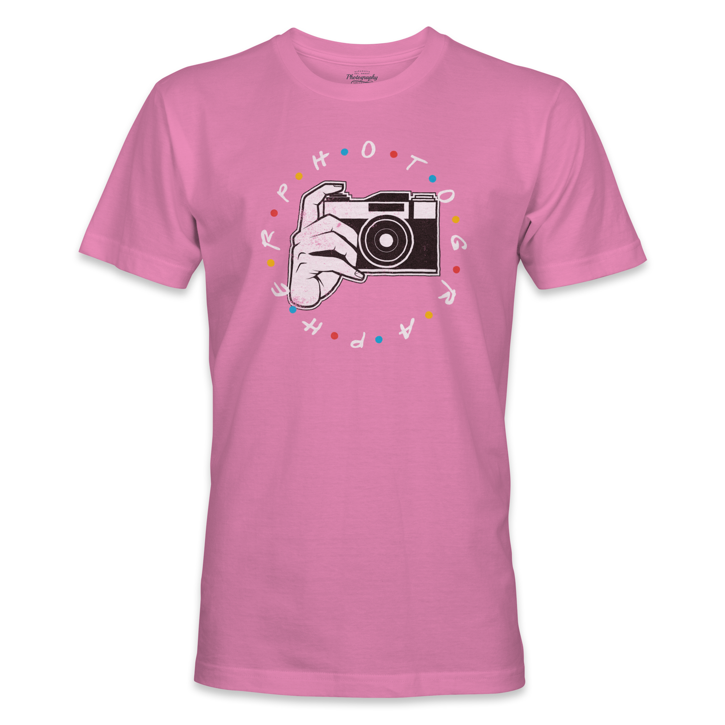 Azalea t-shirt with a graphic of a hand holding a camera and text on a white background