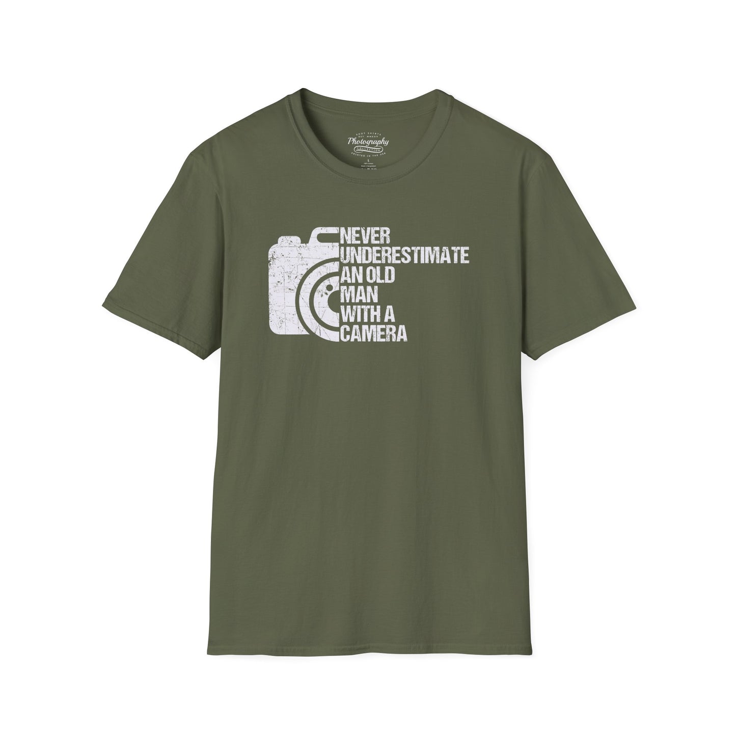 Green t-shirt with camera graphic and text on a white background