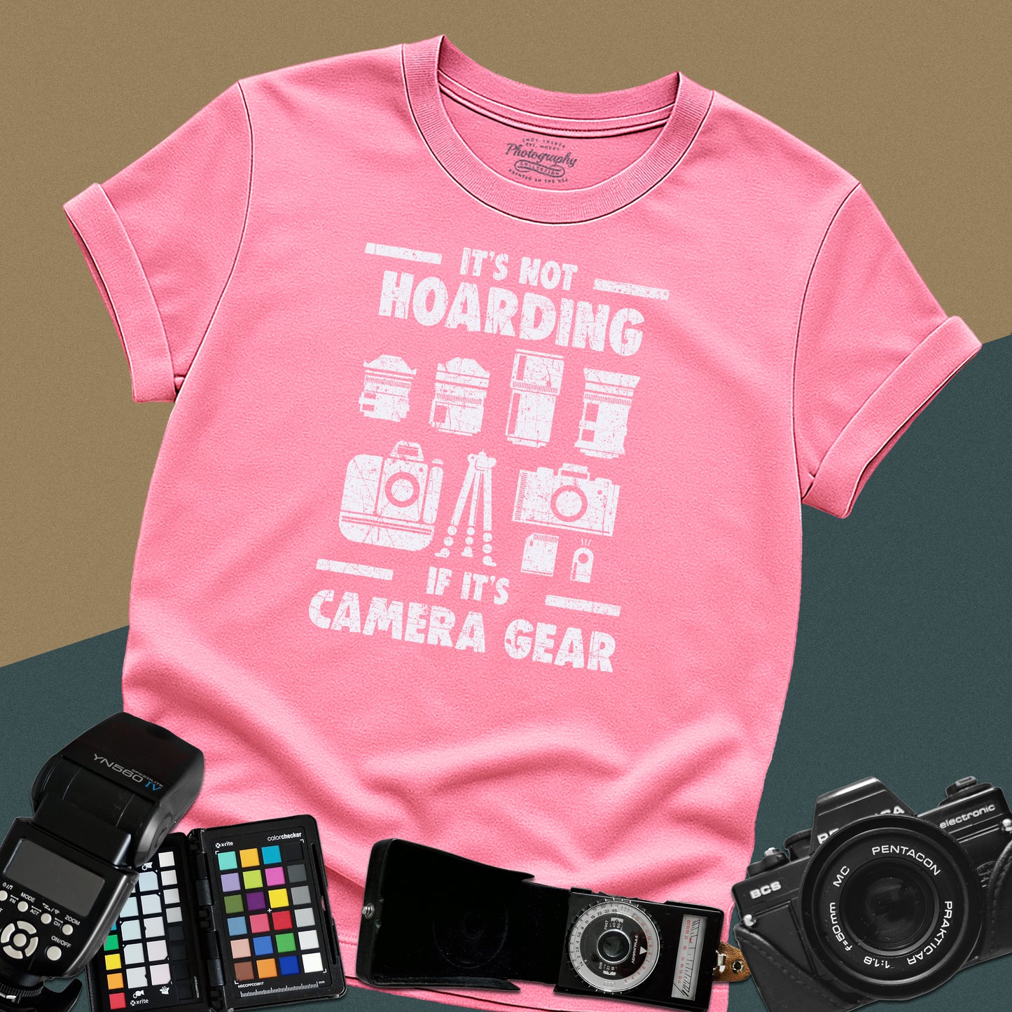 Azalea t-shirt with camera-themed text and graphics, surrounded by camera equipment on a gradient background.