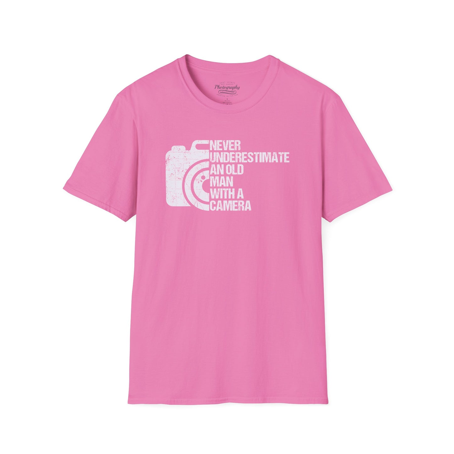Pink t-shirt with white graphic and text on a white background