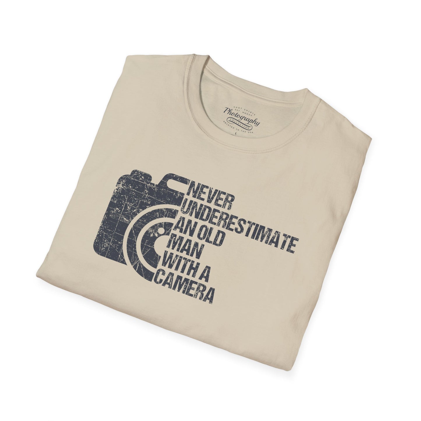 Sand t-shirt with camera graphic and text on a white background