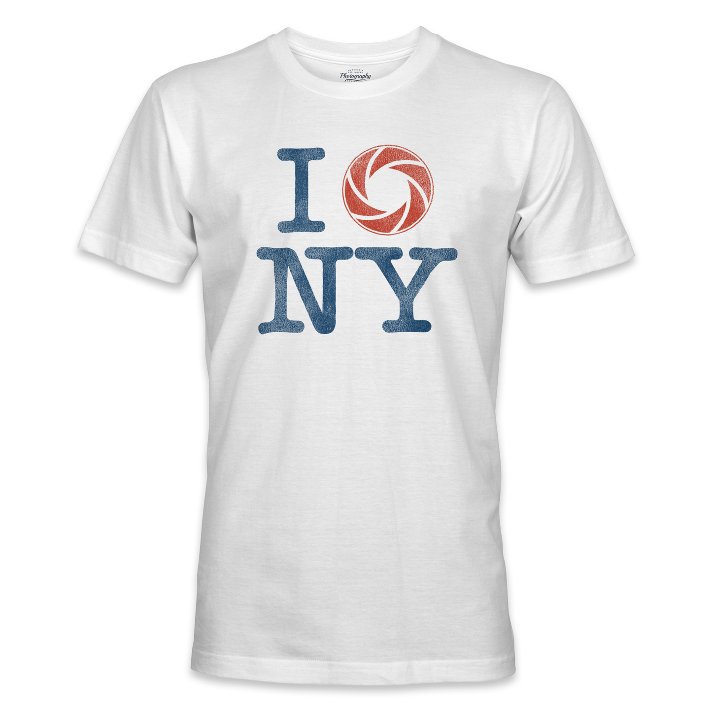 White t-shirt with 'I shoot NY' design on a white background