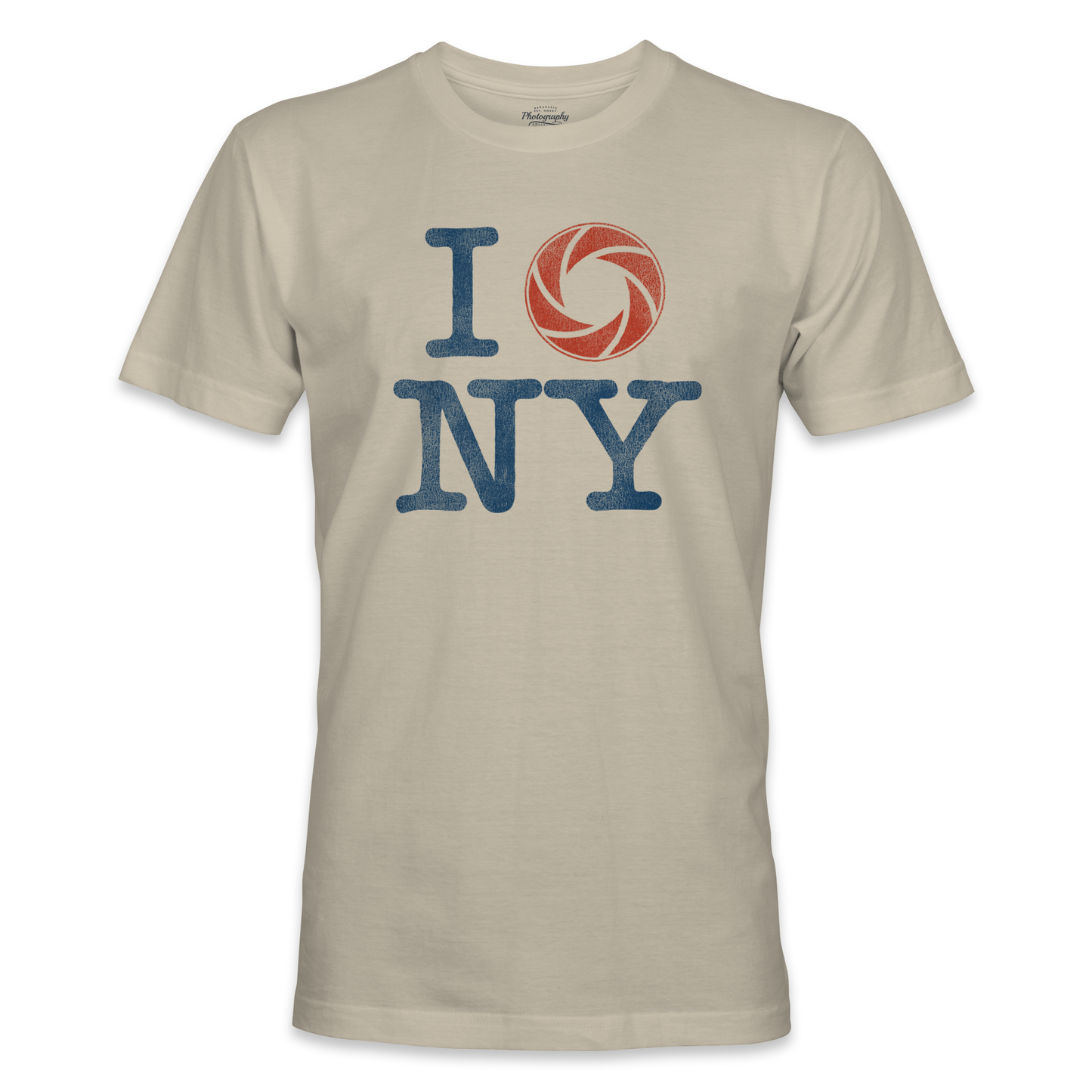 Sand t-shirt with 'I shoot NY' design featuring a camera lens on a white background