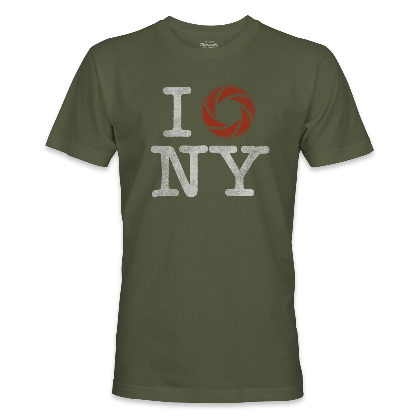 Military Green t-shirt with 'I shoot NY' design on a white background