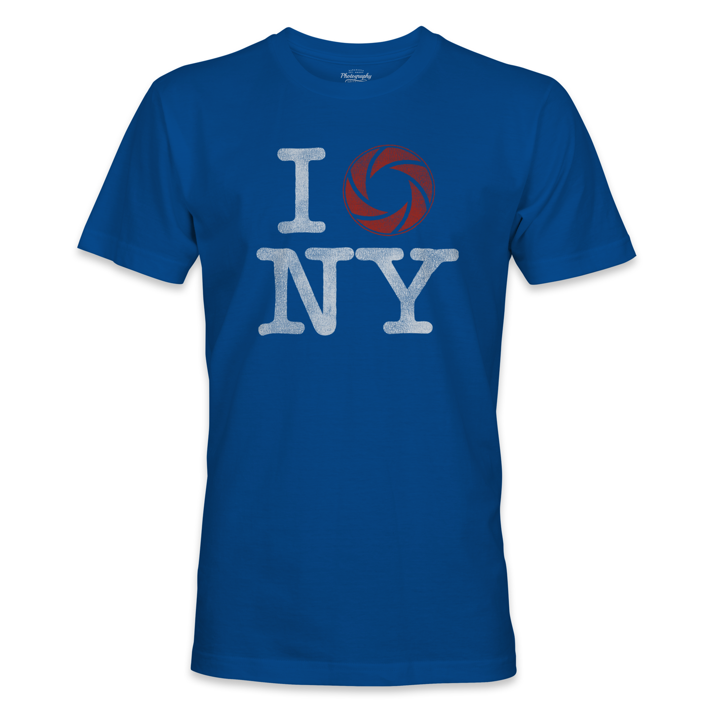 Royal Blue t-shirt with 'I shoot NY' design on a white background