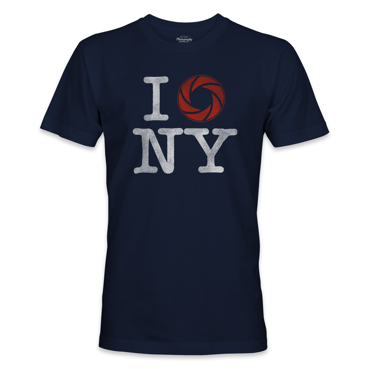 Navy blue t-shirt with 'I shoot NY' design on a white background
